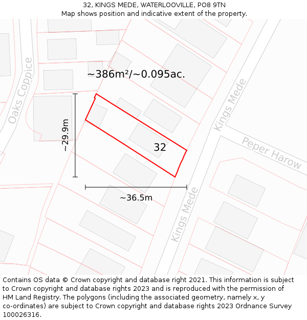 32, KINGS MEDE, WATERLOOVILLE, PO8 9TN: Plot and title map