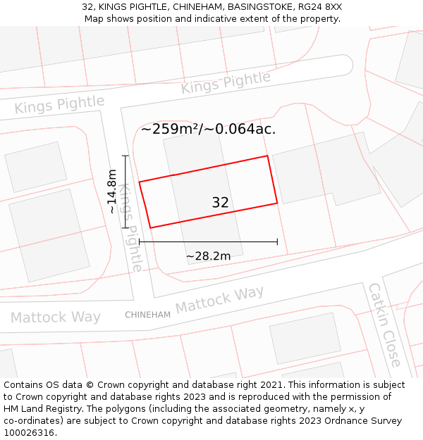 32, KINGS PIGHTLE, CHINEHAM, BASINGSTOKE, RG24 8XX: Plot and title map