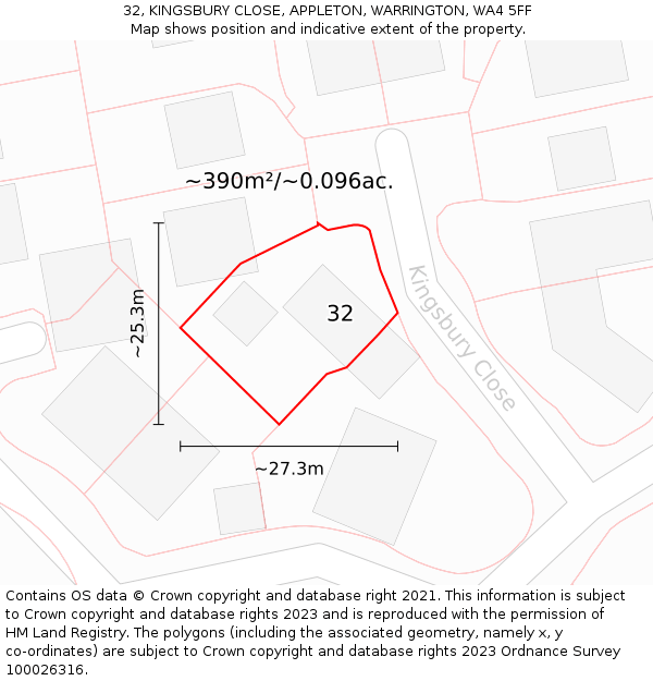32, KINGSBURY CLOSE, APPLETON, WARRINGTON, WA4 5FF: Plot and title map