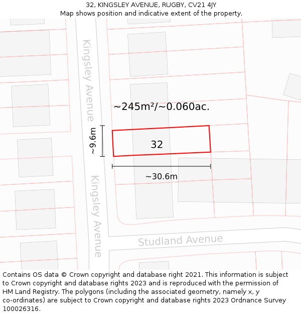 32, KINGSLEY AVENUE, RUGBY, CV21 4JY: Plot and title map