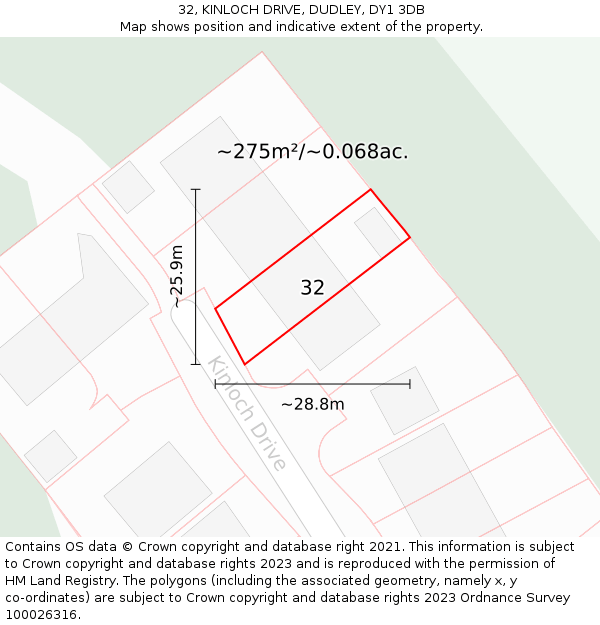 32, KINLOCH DRIVE, DUDLEY, DY1 3DB: Plot and title map