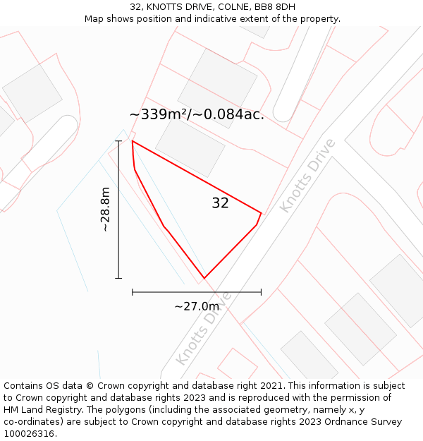 32, KNOTTS DRIVE, COLNE, BB8 8DH: Plot and title map