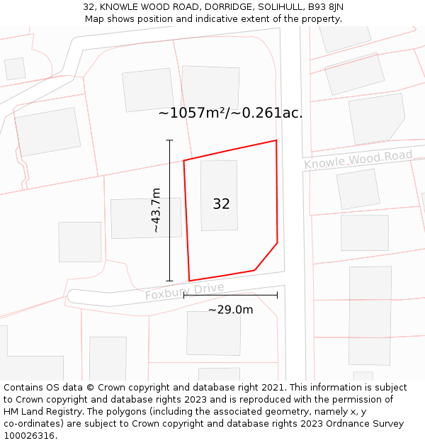 32, KNOWLE WOOD ROAD, DORRIDGE, SOLIHULL, B93 8JN: Plot and title map