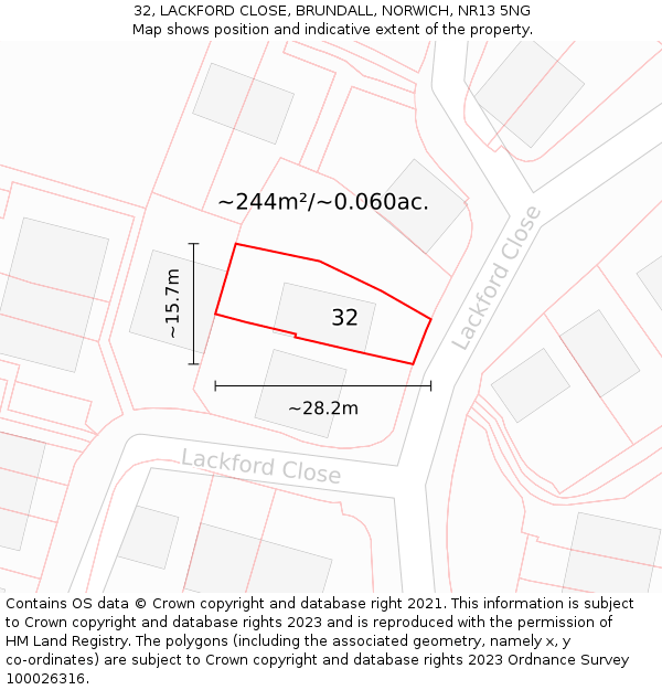 32, LACKFORD CLOSE, BRUNDALL, NORWICH, NR13 5NG: Plot and title map