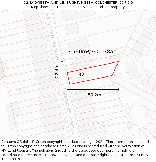 32, LADYSMITH AVENUE, BRIGHTLINGSEA, COLCHESTER, CO7 0JD: Plot and title map