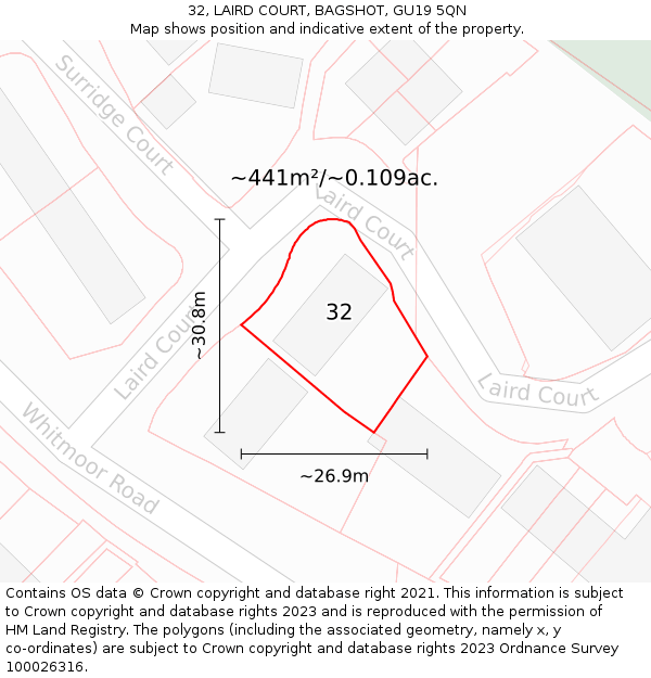 32, LAIRD COURT, BAGSHOT, GU19 5QN: Plot and title map