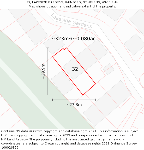 32, LAKESIDE GARDENS, RAINFORD, ST HELENS, WA11 8HH: Plot and title map