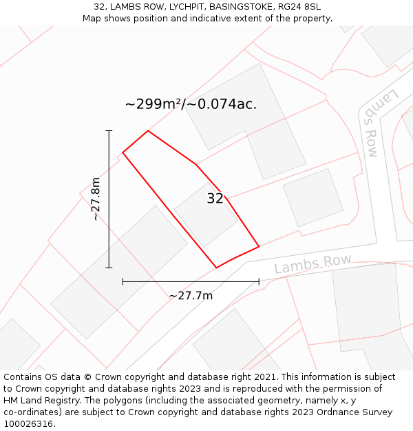 32, LAMBS ROW, LYCHPIT, BASINGSTOKE, RG24 8SL: Plot and title map