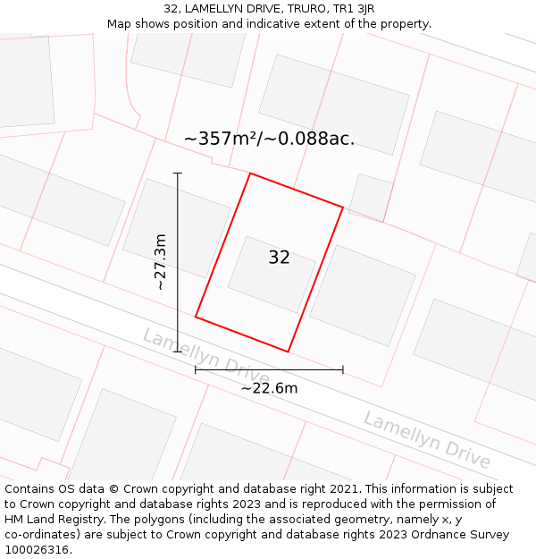 32, LAMELLYN DRIVE, TRURO, TR1 3JR: Plot and title map