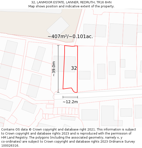 32, LANMOOR ESTATE, LANNER, REDRUTH, TR16 6HN: Plot and title map