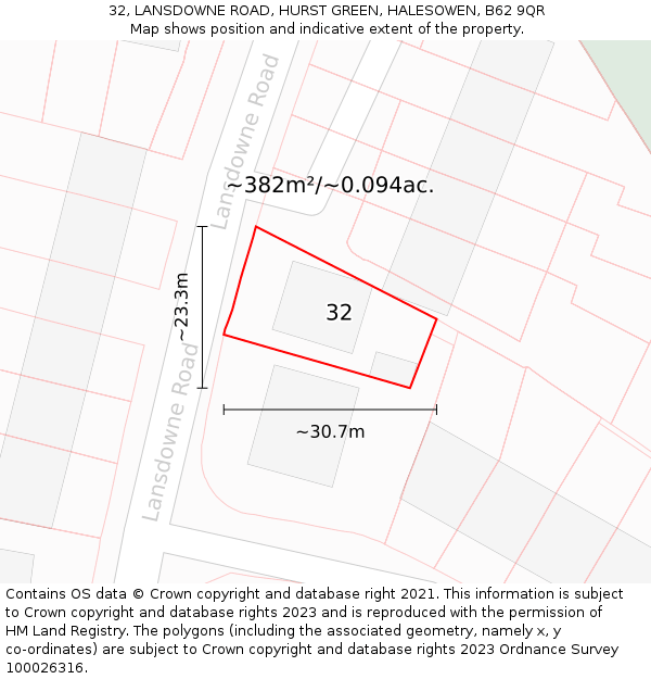 32, LANSDOWNE ROAD, HURST GREEN, HALESOWEN, B62 9QR: Plot and title map