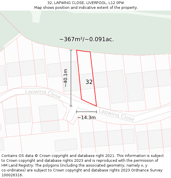 32, LAPWING CLOSE, LIVERPOOL, L12 0PW: Plot and title map