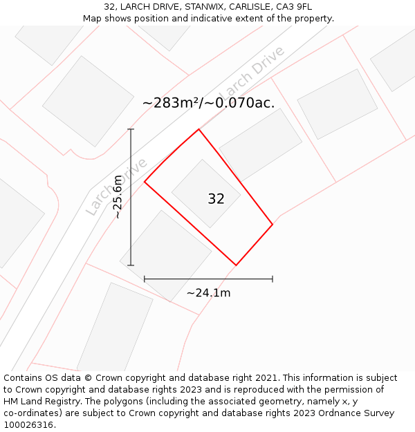 32, LARCH DRIVE, STANWIX, CARLISLE, CA3 9FL: Plot and title map