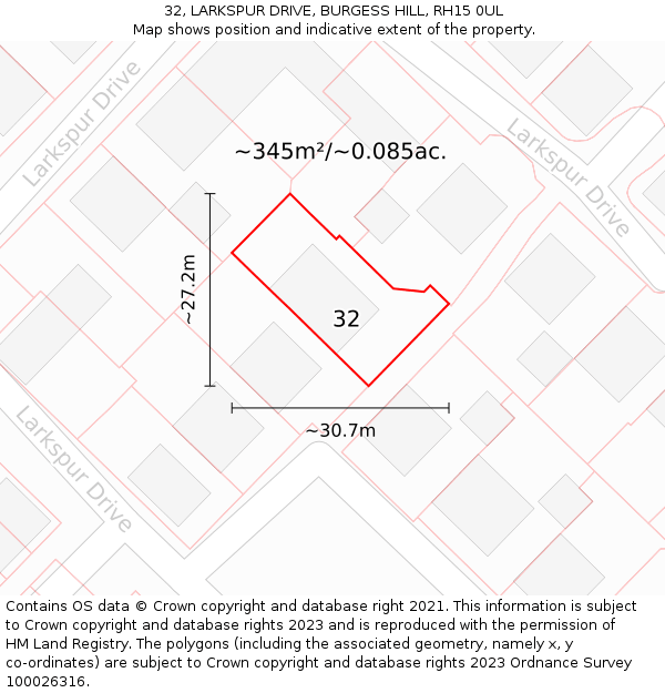 32, LARKSPUR DRIVE, BURGESS HILL, RH15 0UL: Plot and title map