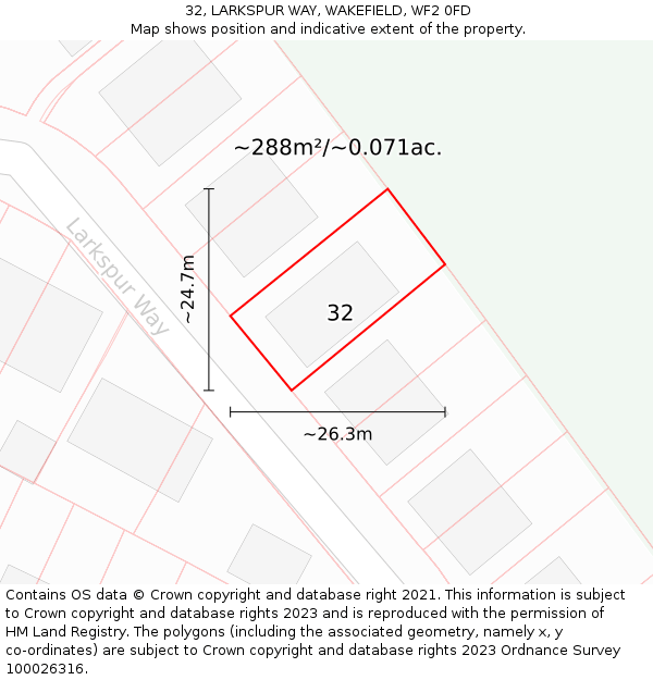 32, LARKSPUR WAY, WAKEFIELD, WF2 0FD: Plot and title map