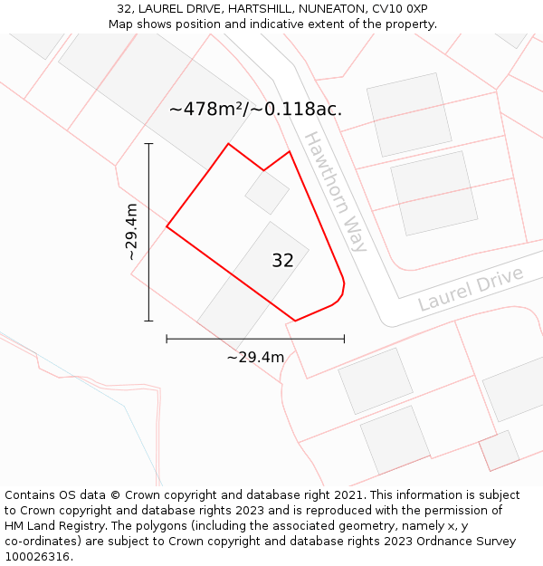 32, LAUREL DRIVE, HARTSHILL, NUNEATON, CV10 0XP: Plot and title map