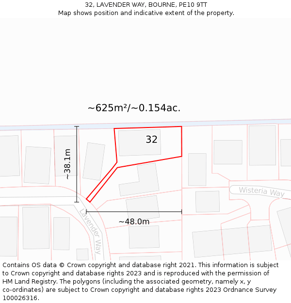 32, LAVENDER WAY, BOURNE, PE10 9TT: Plot and title map