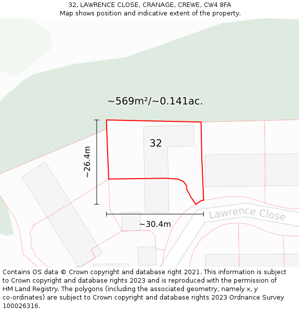 32, LAWRENCE CLOSE, CRANAGE, CREWE, CW4 8FA: Plot and title map