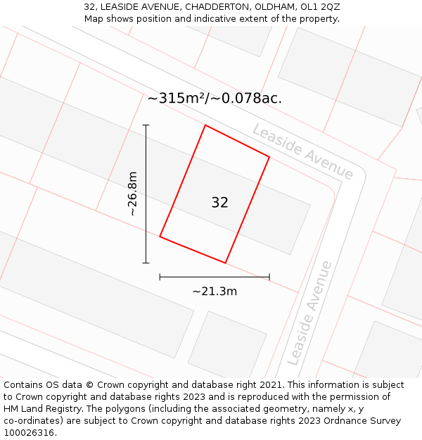 32, LEASIDE AVENUE, CHADDERTON, OLDHAM, OL1 2QZ: Plot and title map