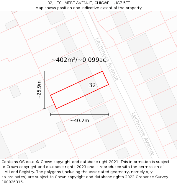 32, LECHMERE AVENUE, CHIGWELL, IG7 5ET: Plot and title map