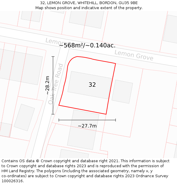 32, LEMON GROVE, WHITEHILL, BORDON, GU35 9BE: Plot and title map