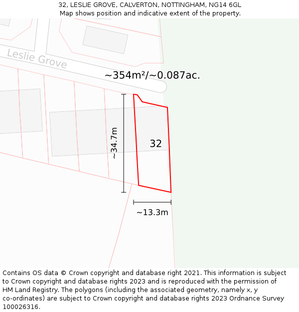 32, LESLIE GROVE, CALVERTON, NOTTINGHAM, NG14 6GL: Plot and title map