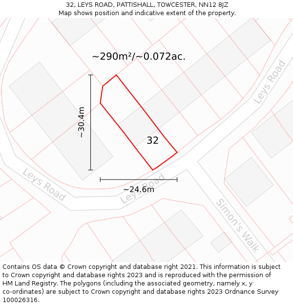 32, LEYS ROAD, PATTISHALL, TOWCESTER, NN12 8JZ: Plot and title map