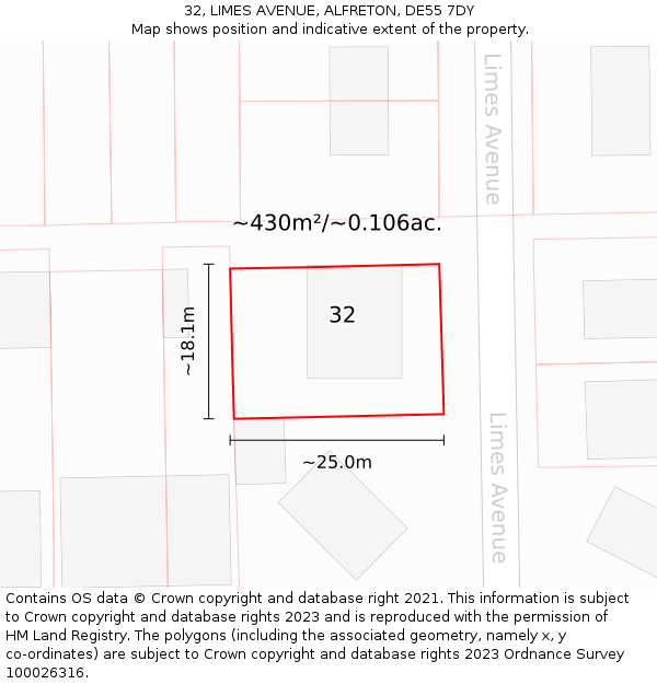 32, LIMES AVENUE, ALFRETON, DE55 7DY: Plot and title map