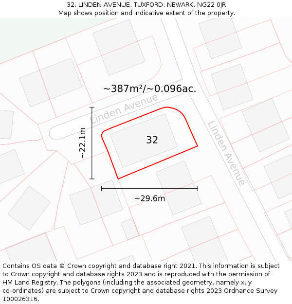 32, LINDEN AVENUE, TUXFORD, NEWARK, NG22 0JR: Plot and title map