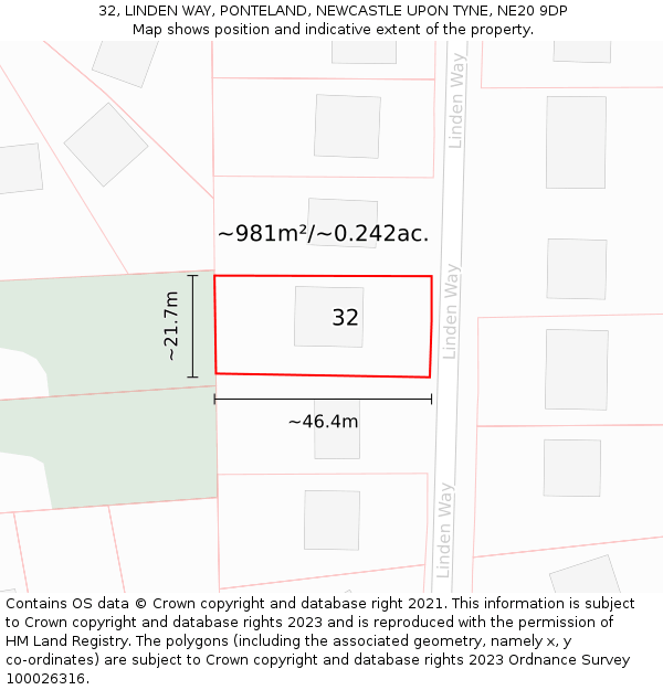 32, LINDEN WAY, PONTELAND, NEWCASTLE UPON TYNE, NE20 9DP: Plot and title map