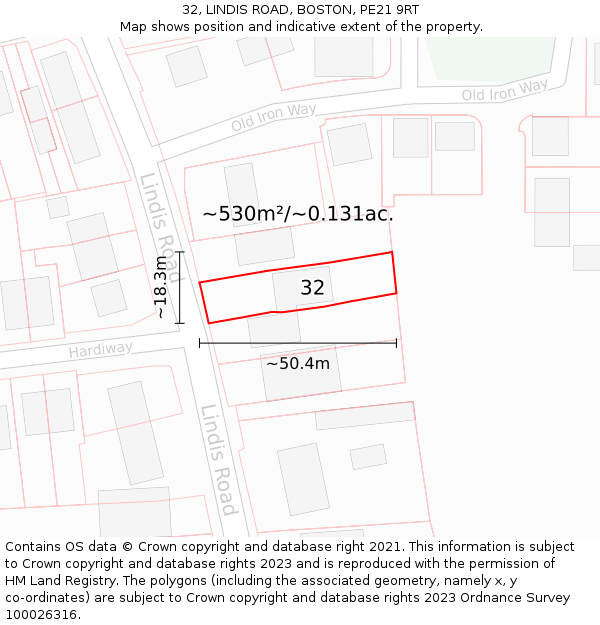 32, LINDIS ROAD, BOSTON, PE21 9RT: Plot and title map