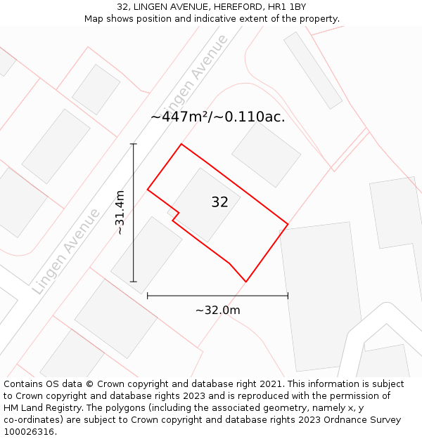 32, LINGEN AVENUE, HEREFORD, HR1 1BY: Plot and title map