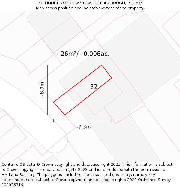 32, LINNET, ORTON WISTOW, PETERBOROUGH, PE2 6XY: Plot and title map