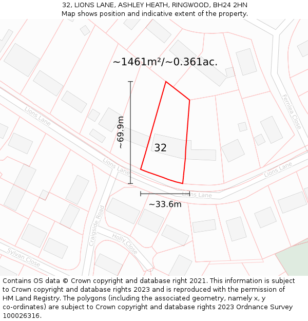 32, LIONS LANE, ASHLEY HEATH, RINGWOOD, BH24 2HN: Plot and title map