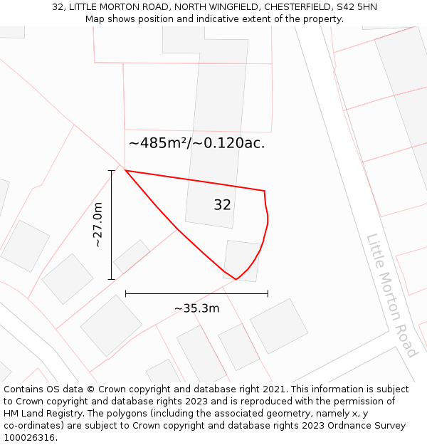 32, LITTLE MORTON ROAD, NORTH WINGFIELD, CHESTERFIELD, S42 5HN: Plot and title map