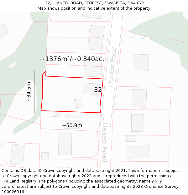 32, LLANEDI ROAD, FFOREST, SWANSEA, SA4 0YP: Plot and title map