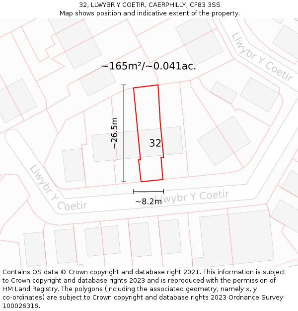 32, LLWYBR Y COETIR, CAERPHILLY, CF83 3SS: Plot and title map