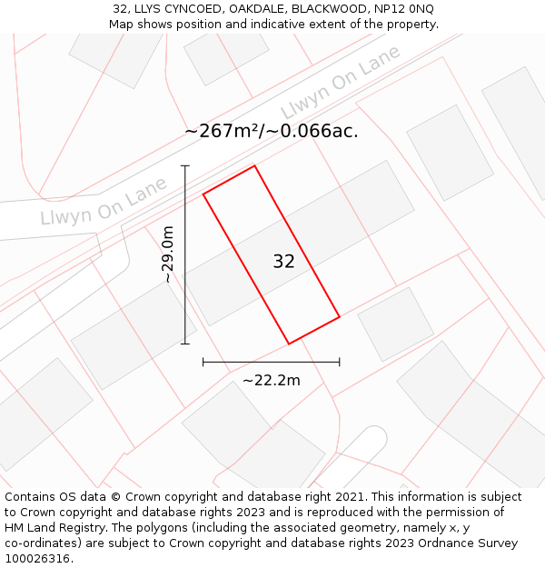 32, LLYS CYNCOED, OAKDALE, BLACKWOOD, NP12 0NQ: Plot and title map