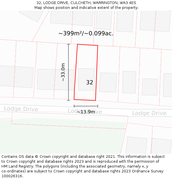 32, LODGE DRIVE, CULCHETH, WARRINGTON, WA3 4ES: Plot and title map