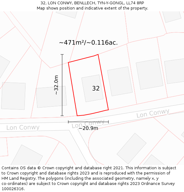 32, LON CONWY, BENLLECH, TYN-Y-GONGL, LL74 8RP: Plot and title map