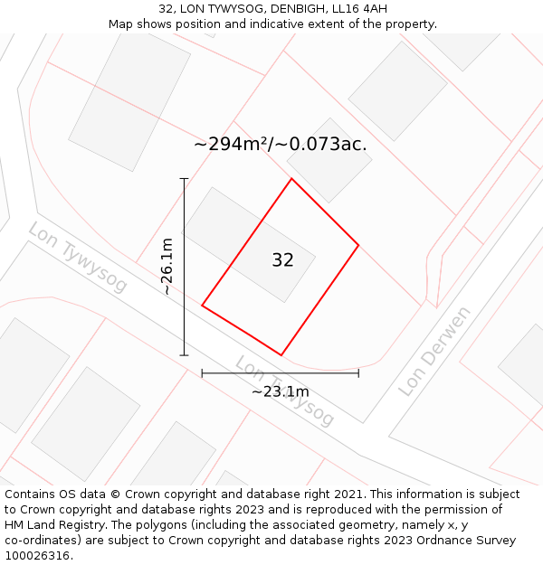 32, LON TYWYSOG, DENBIGH, LL16 4AH: Plot and title map