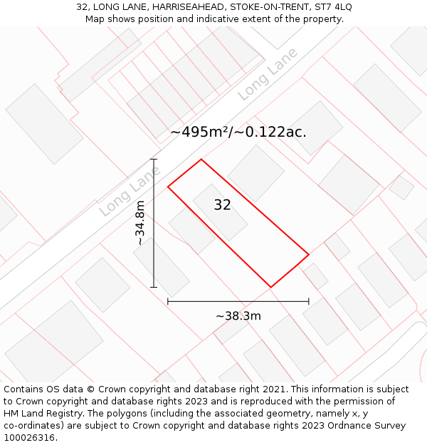 32, LONG LANE, HARRISEAHEAD, STOKE-ON-TRENT, ST7 4LQ: Plot and title map
