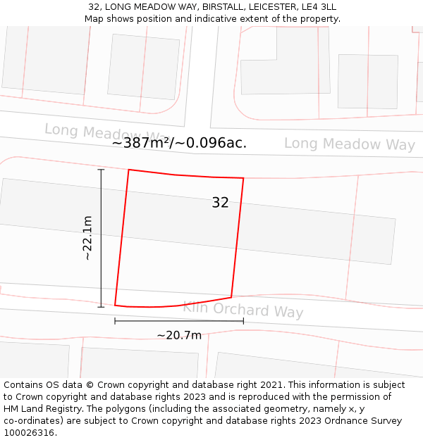 32, LONG MEADOW WAY, BIRSTALL, LEICESTER, LE4 3LL: Plot and title map