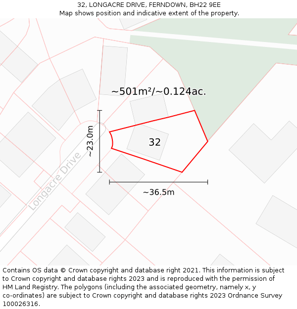 32, LONGACRE DRIVE, FERNDOWN, BH22 9EE: Plot and title map