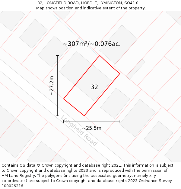 32, LONGFIELD ROAD, HORDLE, LYMINGTON, SO41 0HH: Plot and title map