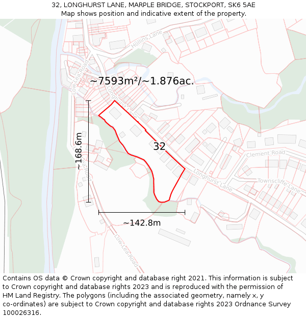 32, LONGHURST LANE, MARPLE BRIDGE, STOCKPORT, SK6 5AE: Plot and title map