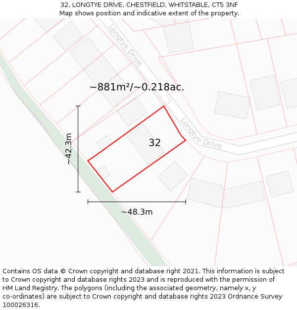 32, LONGTYE DRIVE, CHESTFIELD, WHITSTABLE, CT5 3NF: Plot and title map