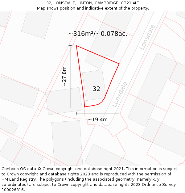 32, LONSDALE, LINTON, CAMBRIDGE, CB21 4LT: Plot and title map