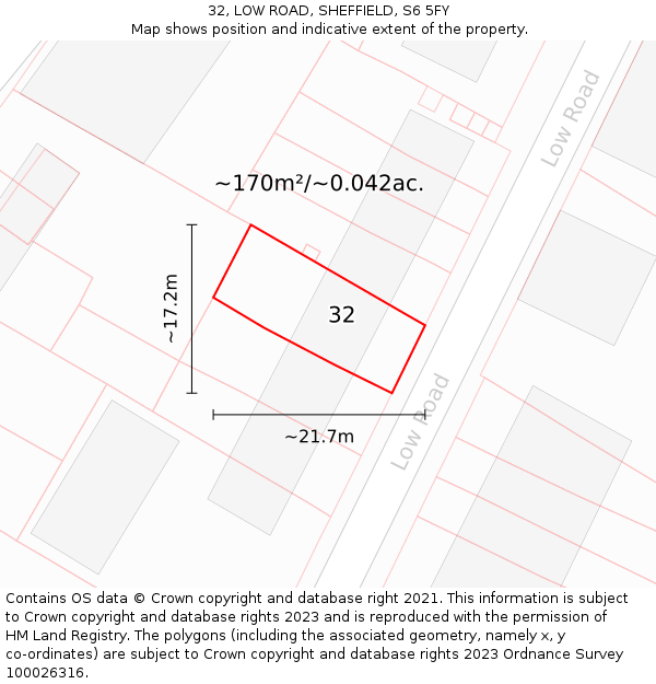 32, LOW ROAD, SHEFFIELD, S6 5FY: Plot and title map