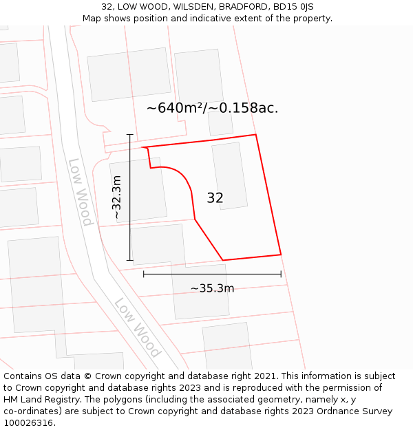 32, LOW WOOD, WILSDEN, BRADFORD, BD15 0JS: Plot and title map